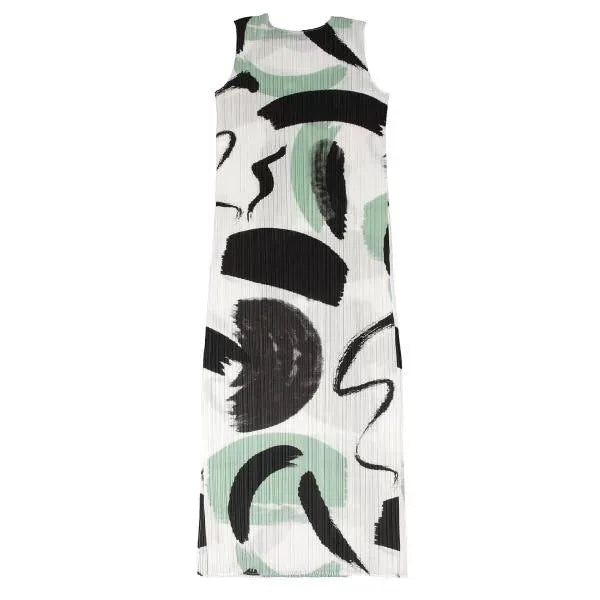Issey Miyake Vintage Green Patterned Pleated Dress