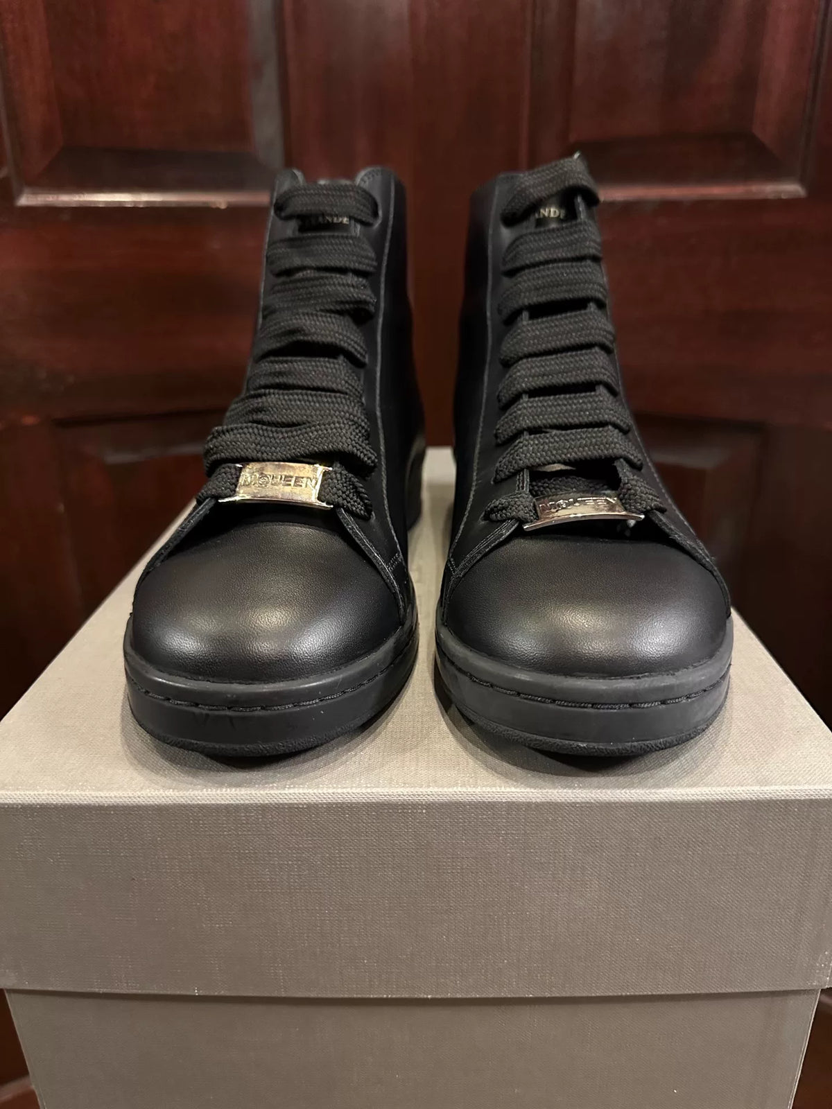 Alexander McQueen FW16 Black Skull Leather Mid-Top Sneakers