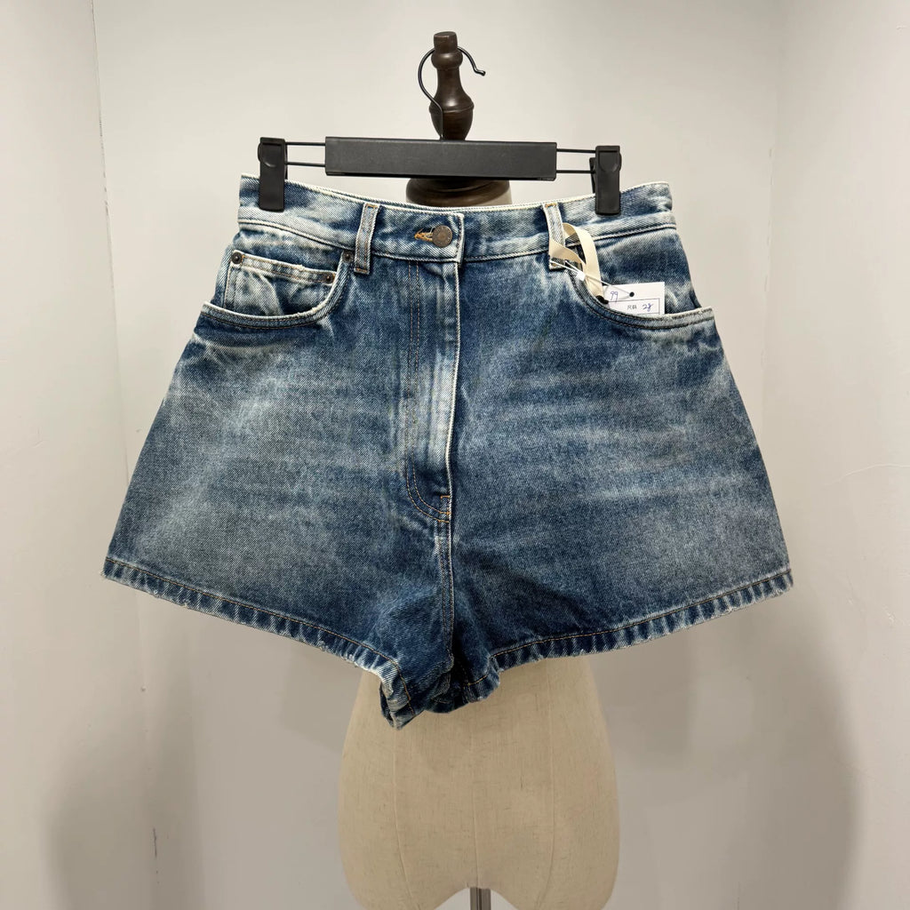 Prada Triangle Logo Distressed Denim Shorts