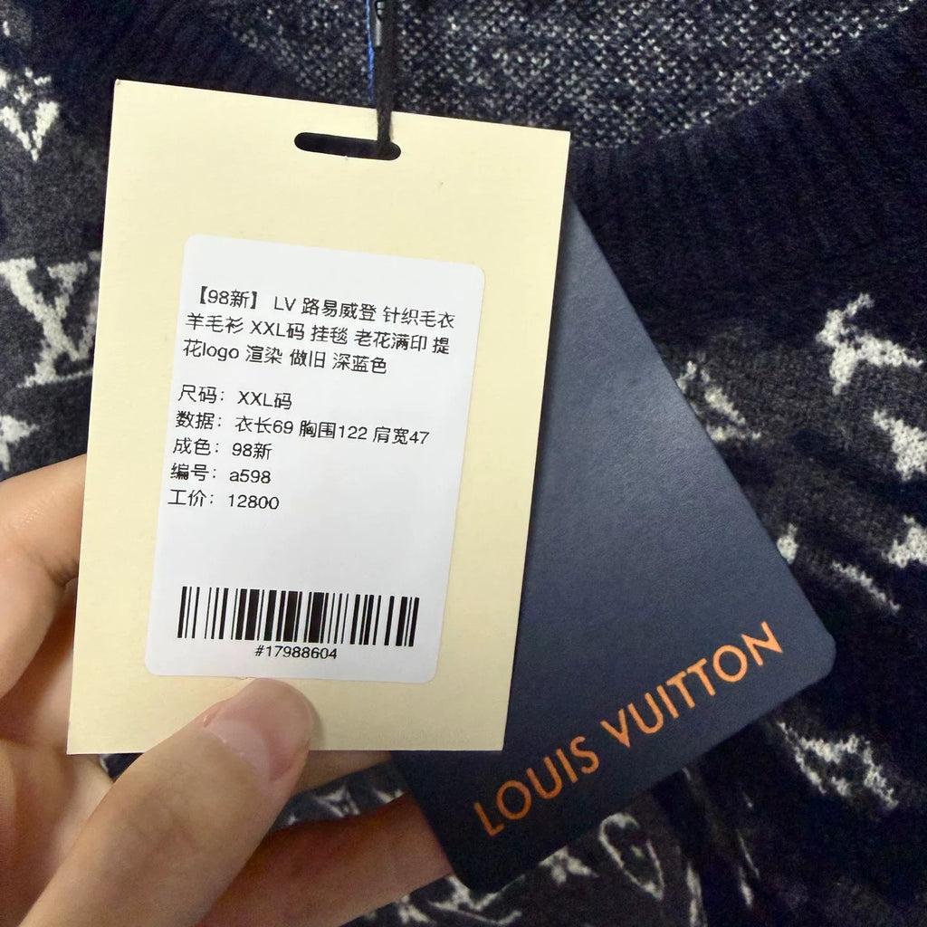 Louis Vuitton Knit Distressed Wool Monogram All-Over Logo Print Navy Sweater