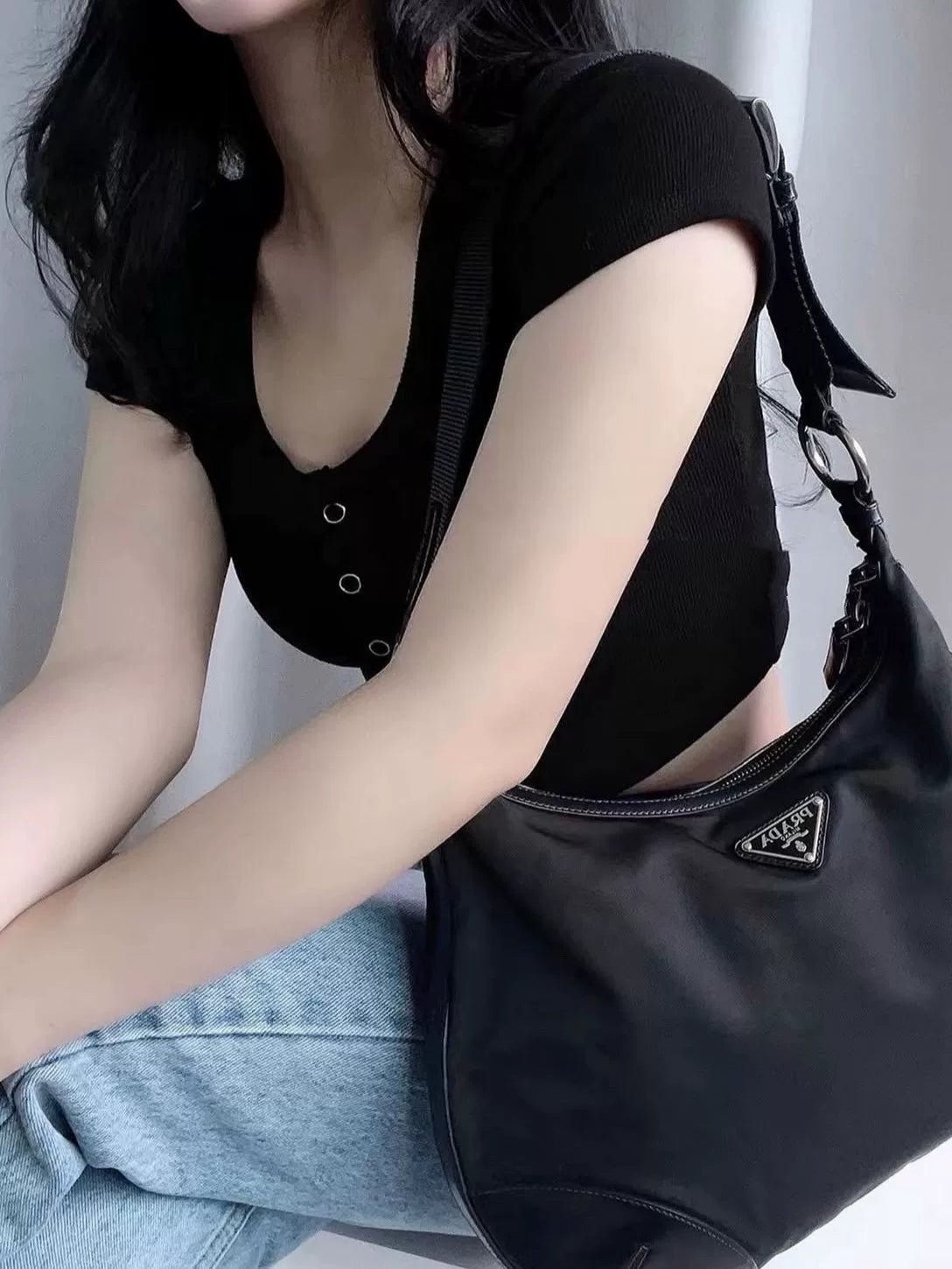Prada Nylon Pieced Leather Crossbody Black Bag