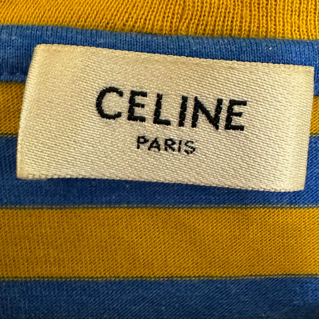 Celine Yellow Blue Stripe Arc de Triomphe Embroidered Cotton Short Sleeve Top