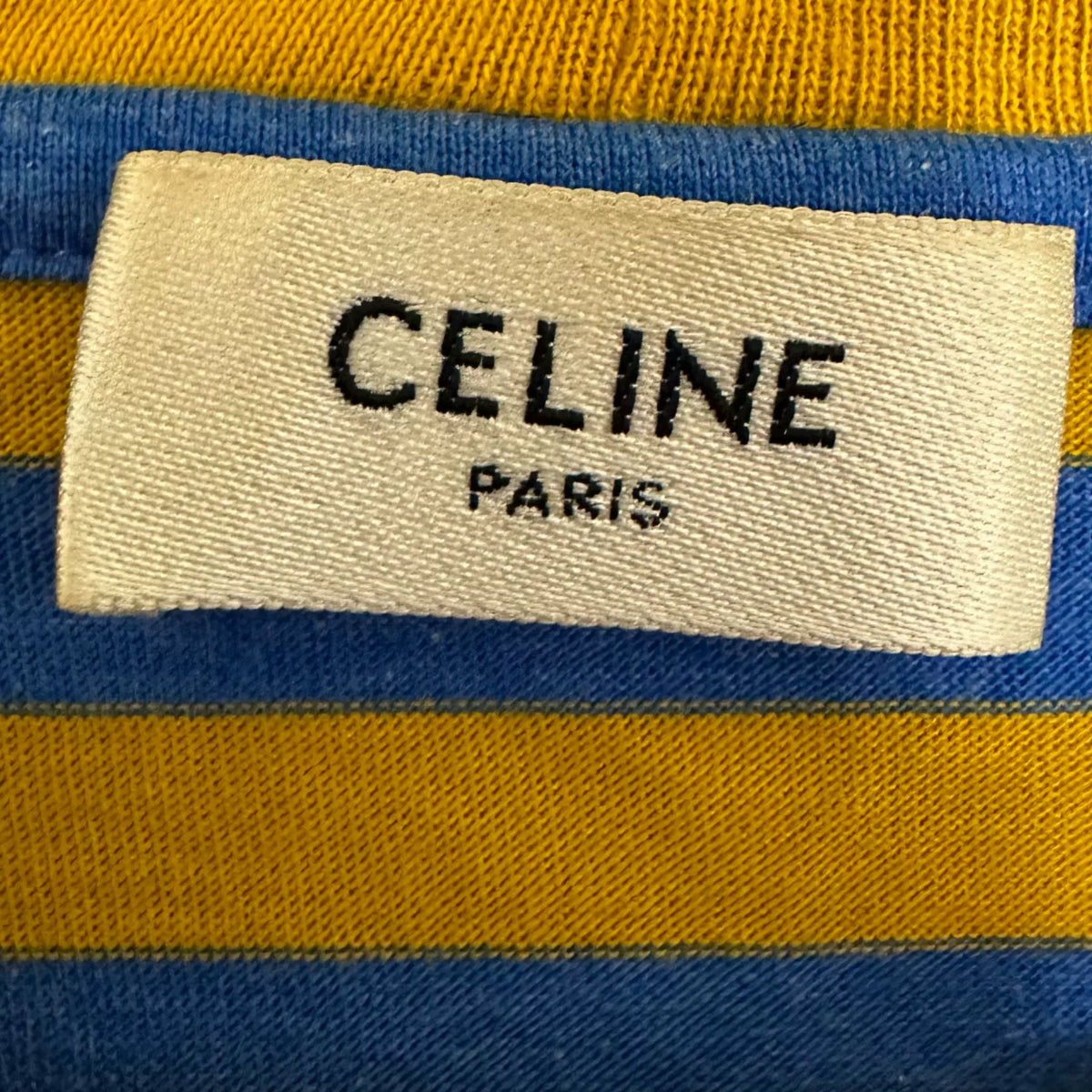 Celine Yellow Blue Stripe Arc de Triomphe Embroidered Cotton Short Sleeve Top