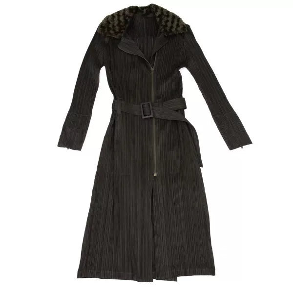 Issey Miyake Vintage Brown Double-Breasted Fur-Collar Pleated Coat
