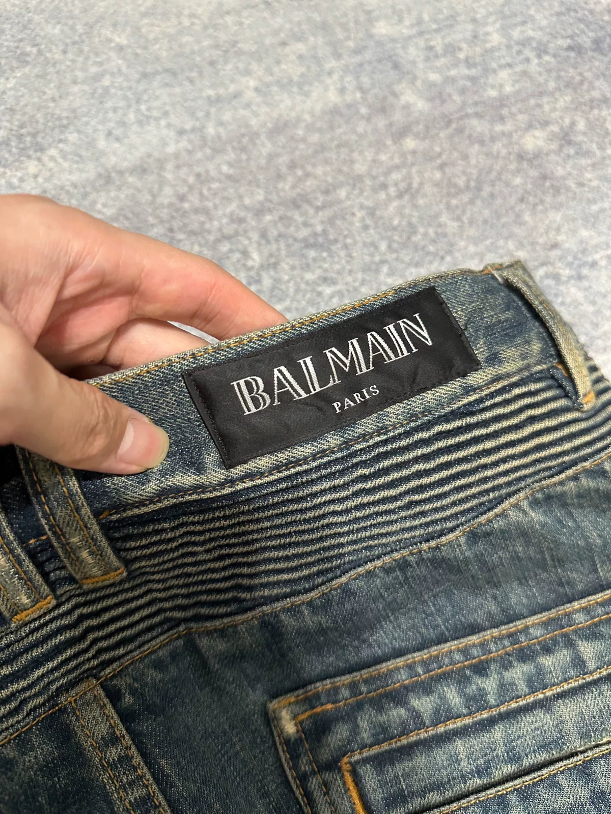 Balmain FW15 Distressed Biker Blue Jeans