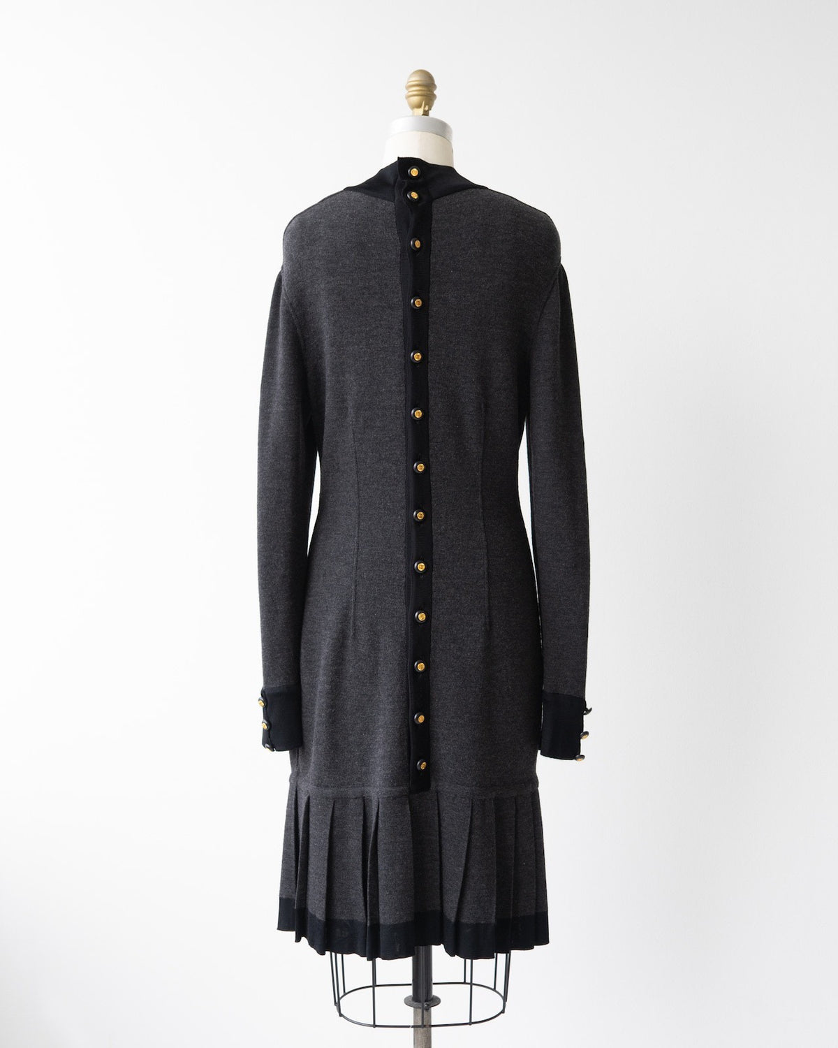 Chanel 1990s Black Gold Button Wool Knit Dress