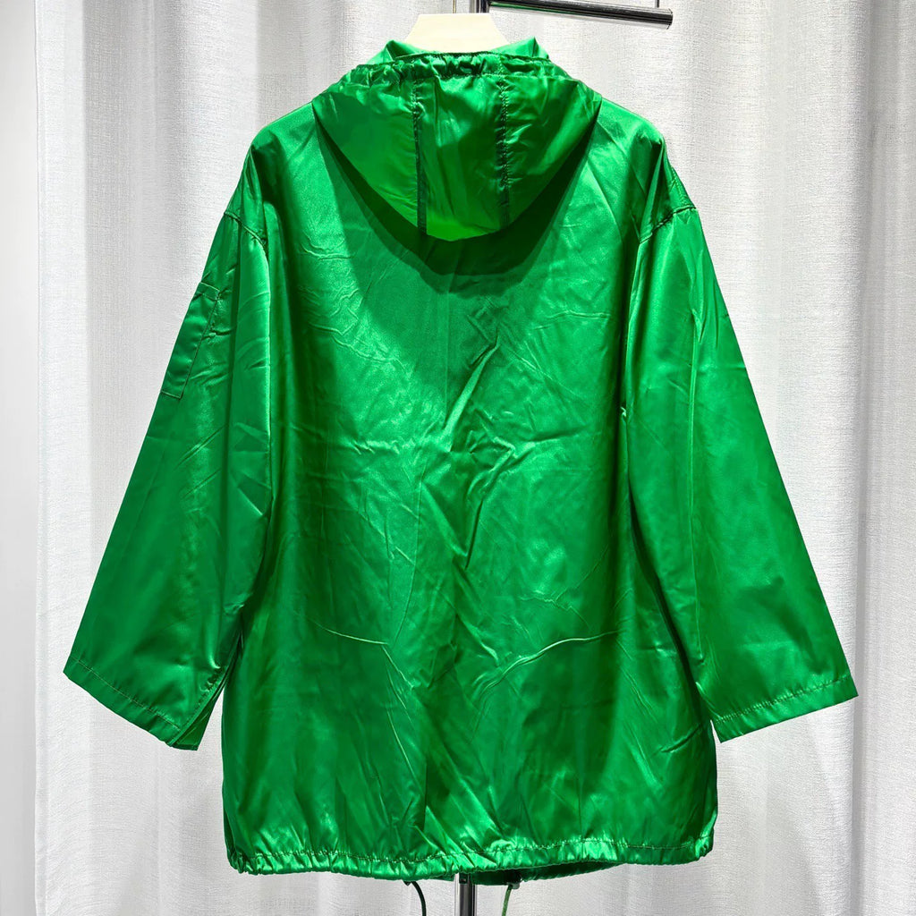 Prada Long Sleeve Metallic Triangle Logo Zip Hooded Drawstring Green Jacket