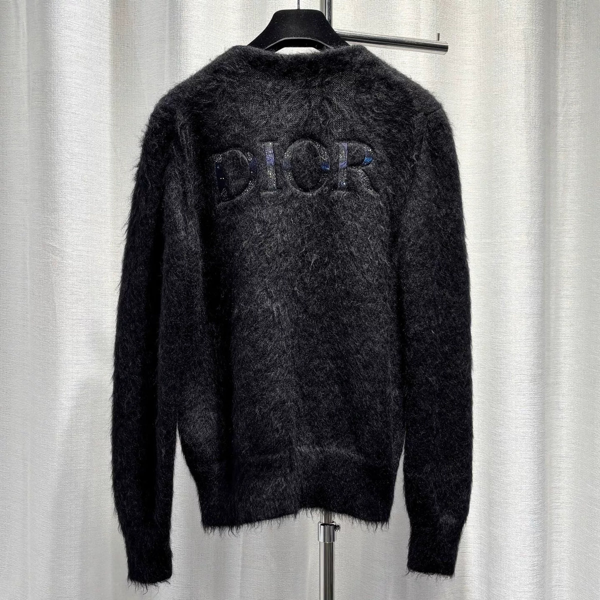Dior Black Mohair Nylon Wool Blend Lettered Embroidered Button-Front V-Neck Cardigan