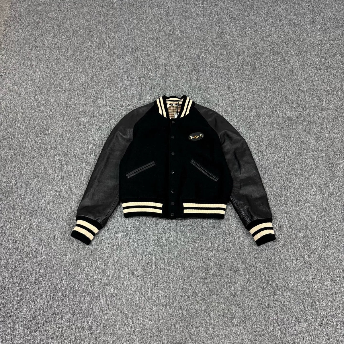 Gucci horsebit felt and leather baseball jacket