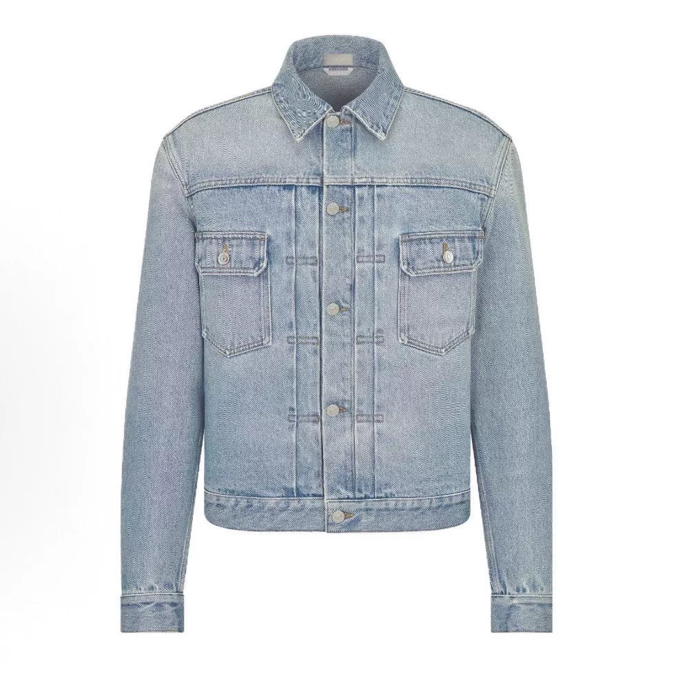 Dior Long Sleeve Denim Lapel Leather Patch Patch Button-Front Light Blue Jacket