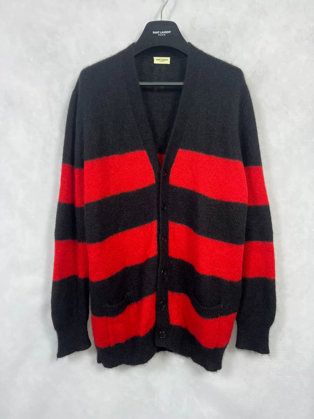 Saint Laurent Slp13fw Black Red Striped Wool Knit Sweater Cardigan