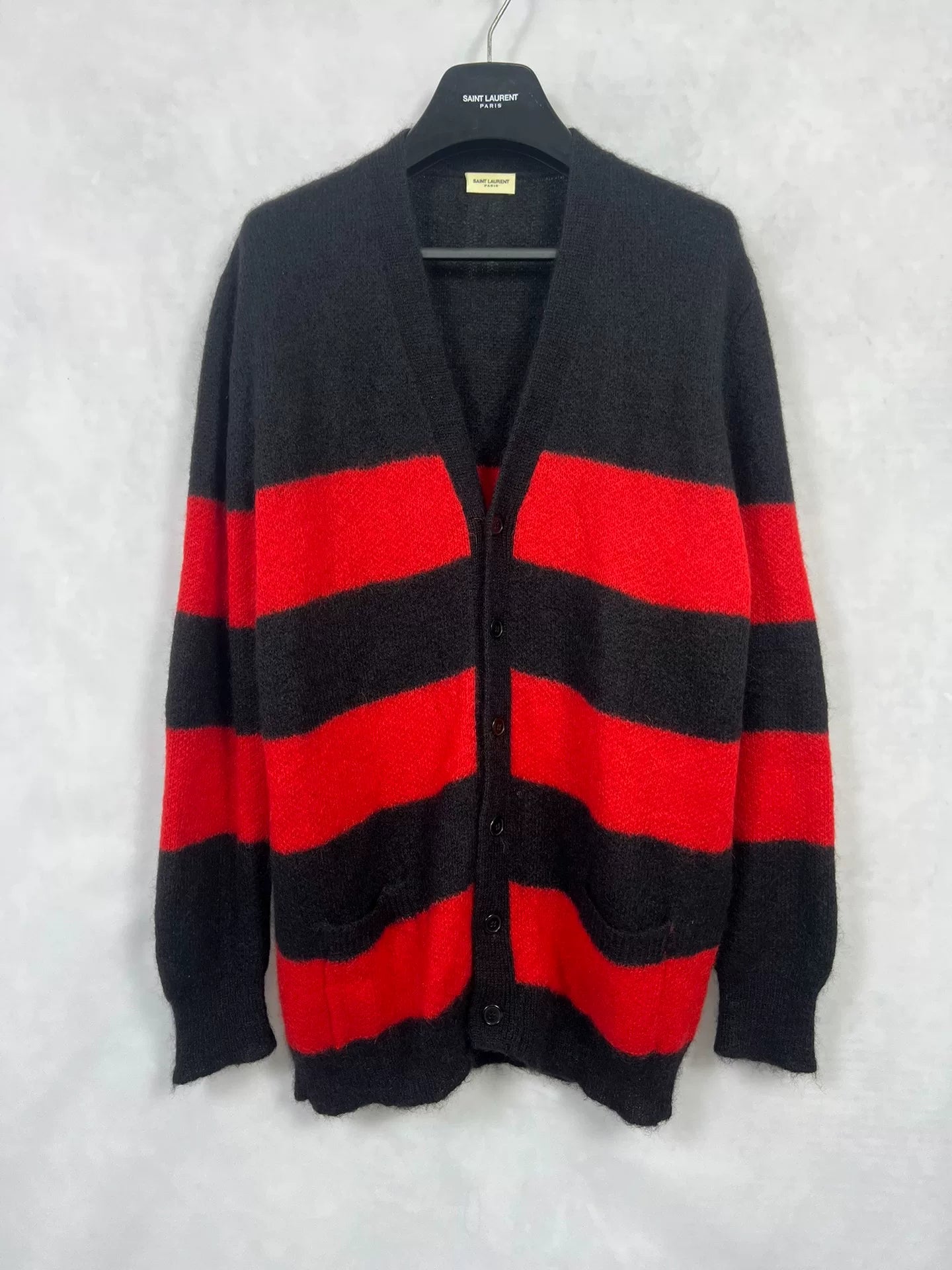 Saint Laurent Slp13fw Black Red Striped Wool Knit Sweater Cardigan