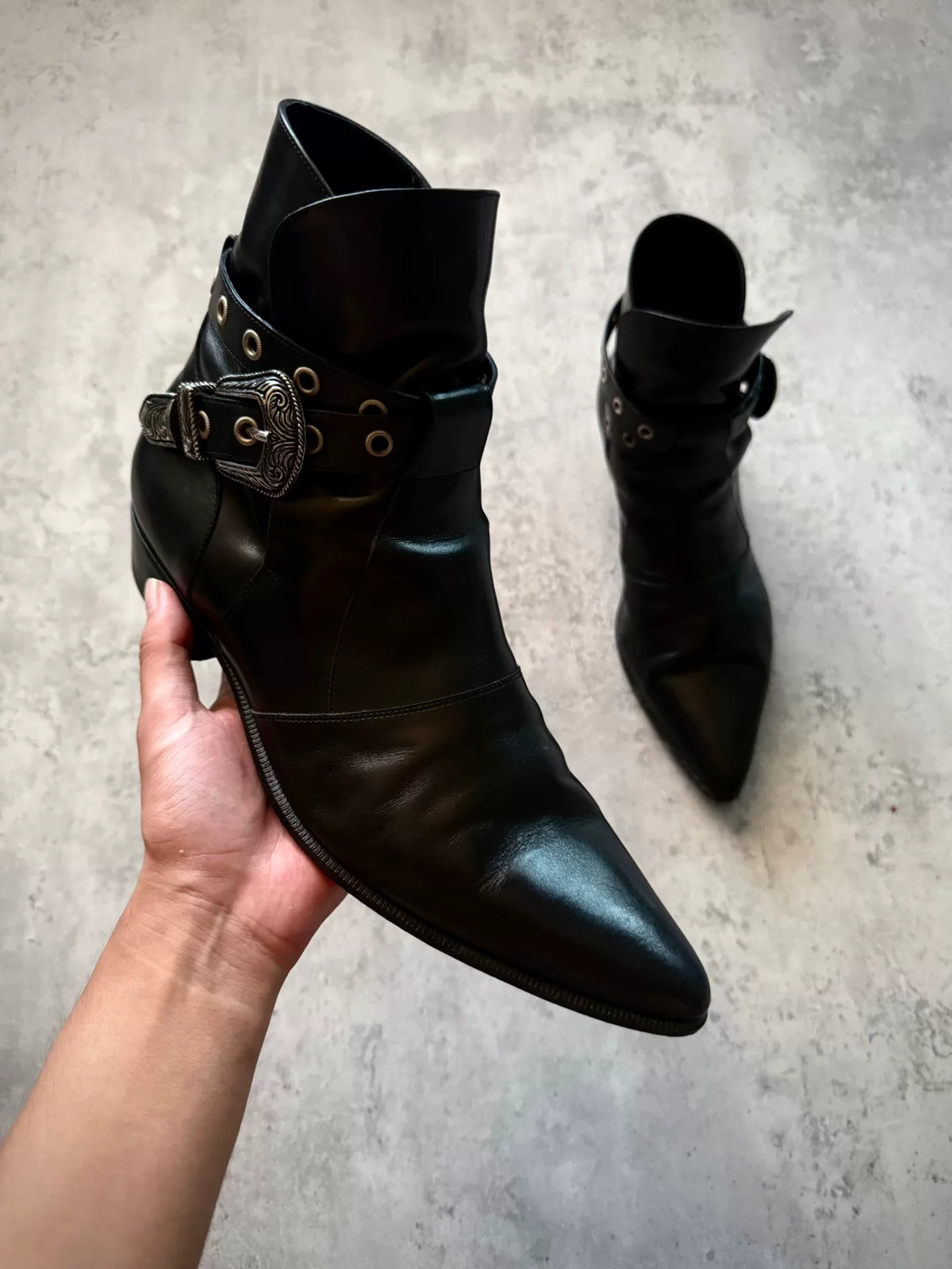 Saint Laurent Paris 14SS Black Leather Western Buckle Pointed Ankle Boots by Hedi Slimane