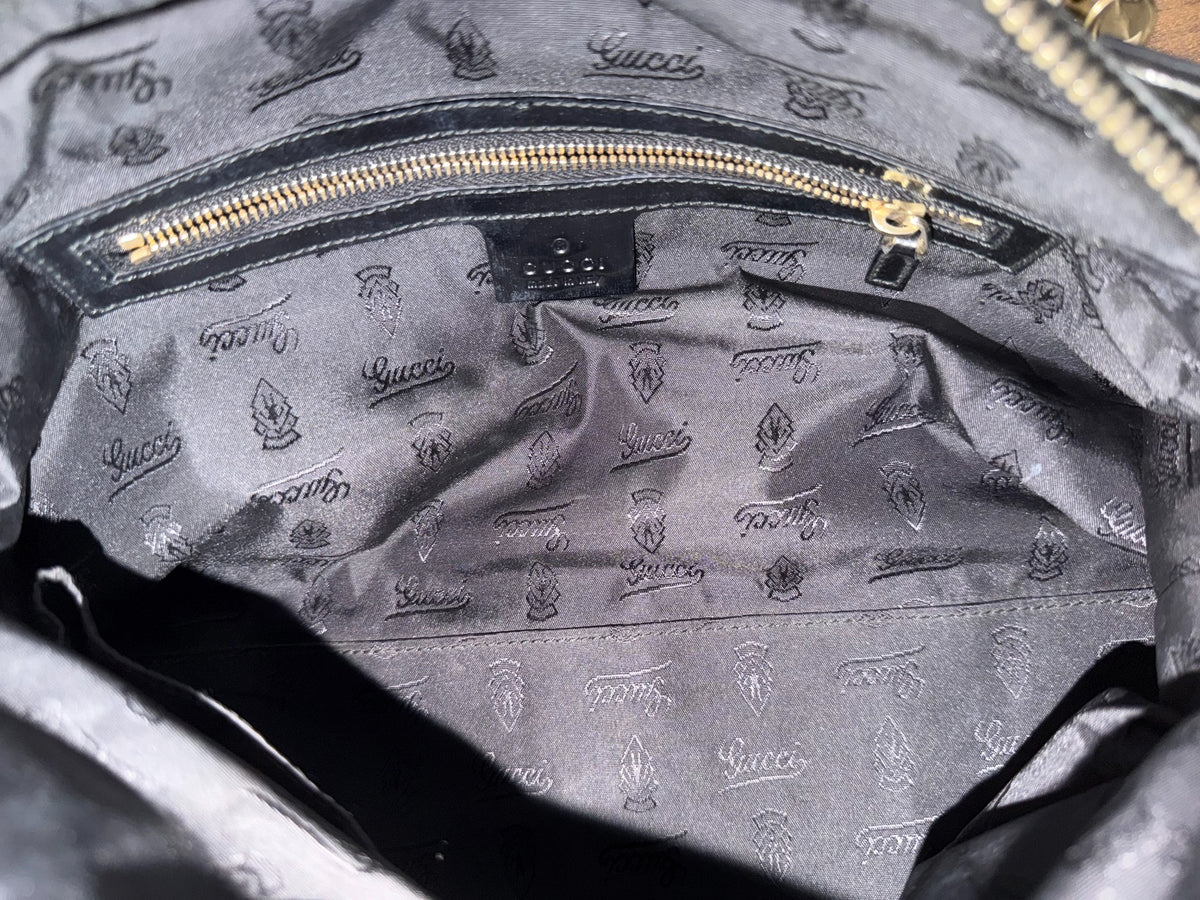 Gucci black cowhide leather bamboo handle glossy handbag