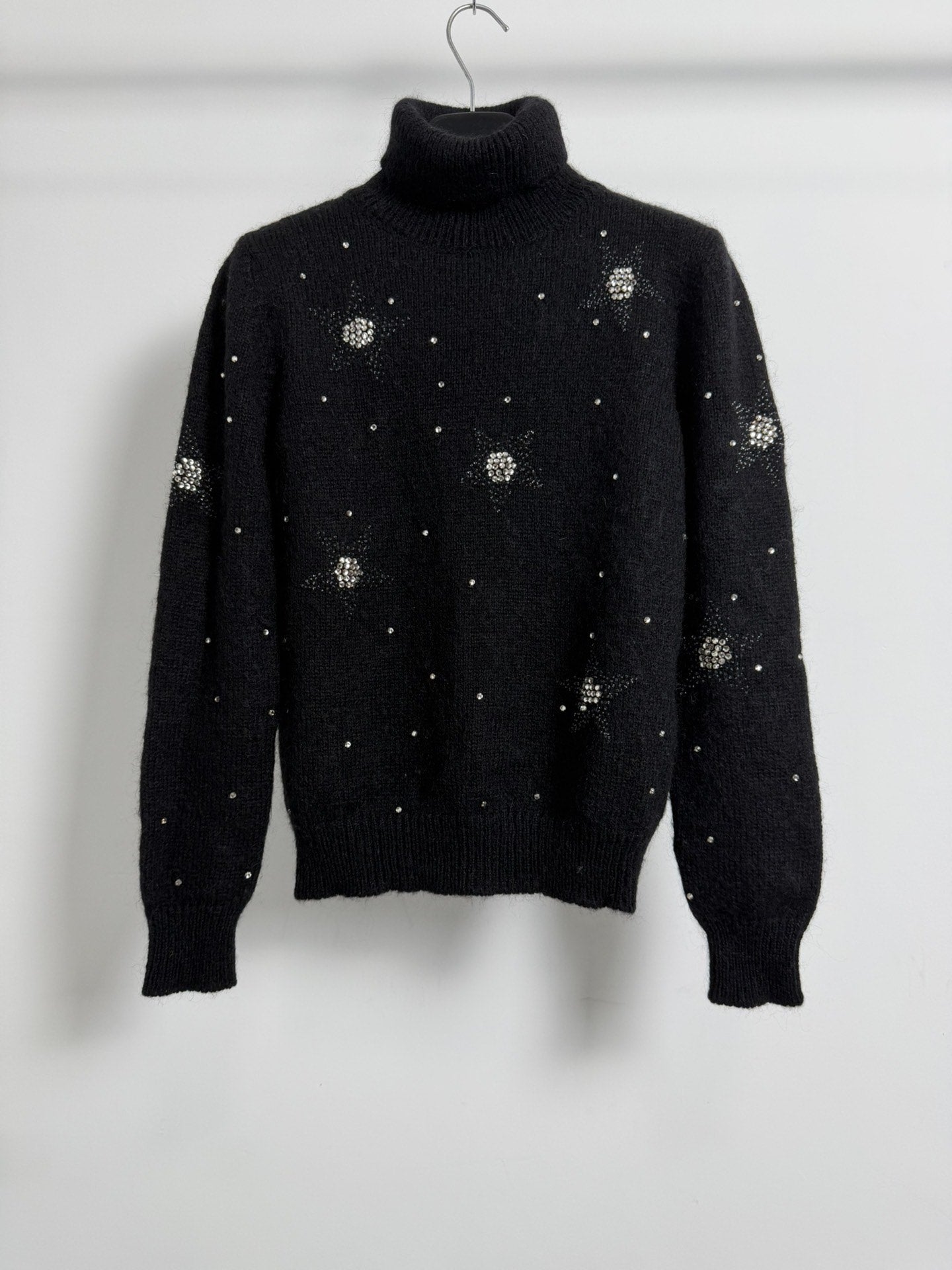 Saint Laurent Slp16fw Black Turtleneck Rhinestone Mohair Fuzzy Sweater