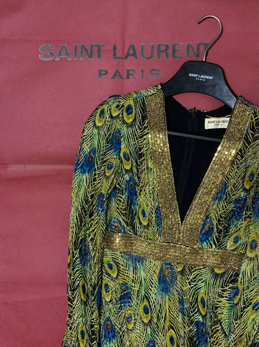 Saint Laurent SS15 Peacock Gold Thread Sequin Bead Viscose Silk Dress