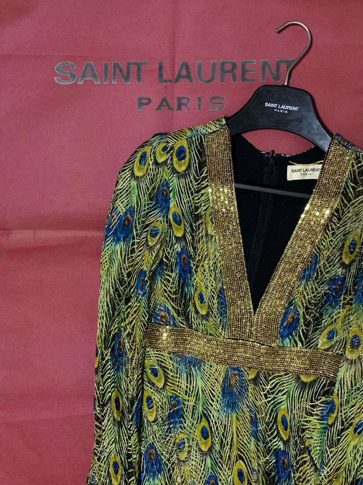 Saint Laurent SS15 Peacock Gold Thread Sequin Bead Viscose Silk Dress