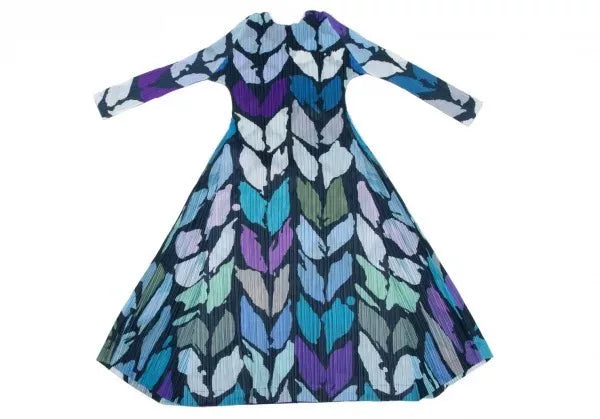 Issey Miyake Vintage Blue Green Leaf Print Pleated Dress