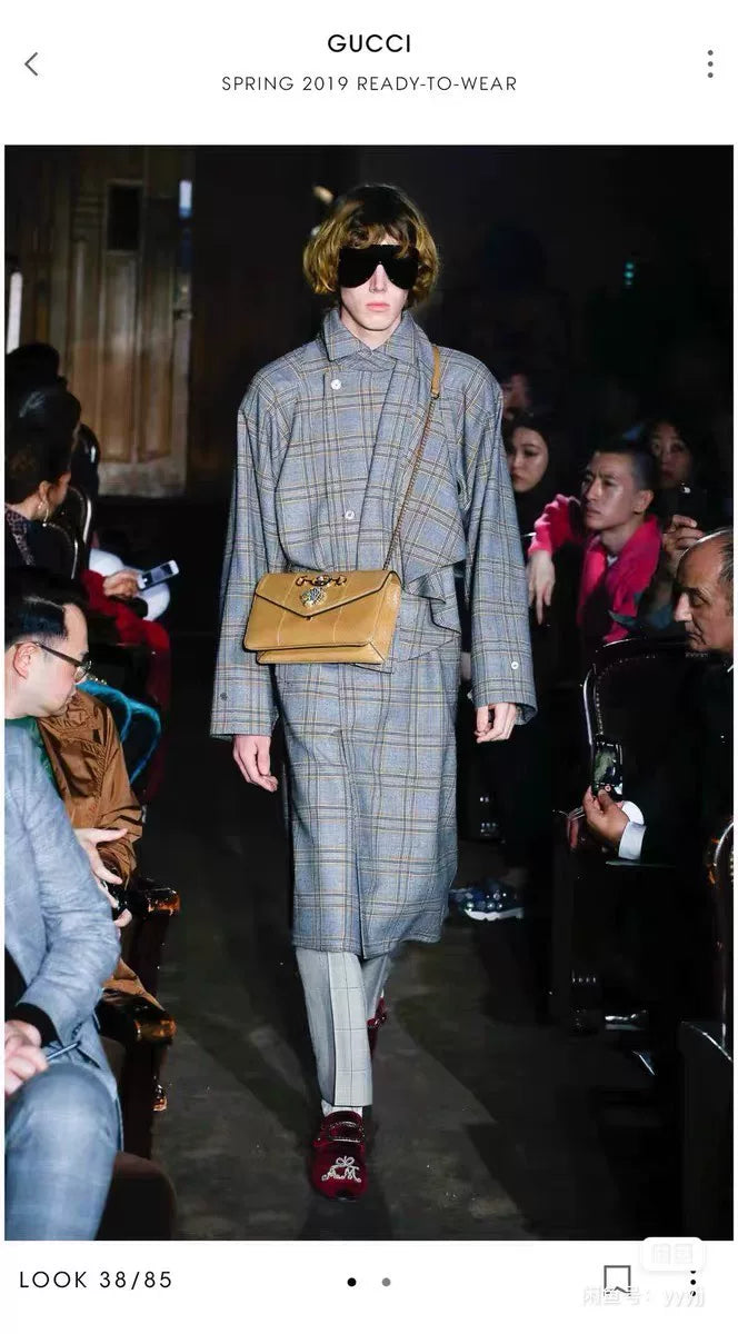 Gucci SS19 Runway Plaid Padded Shoulder Wool Coat