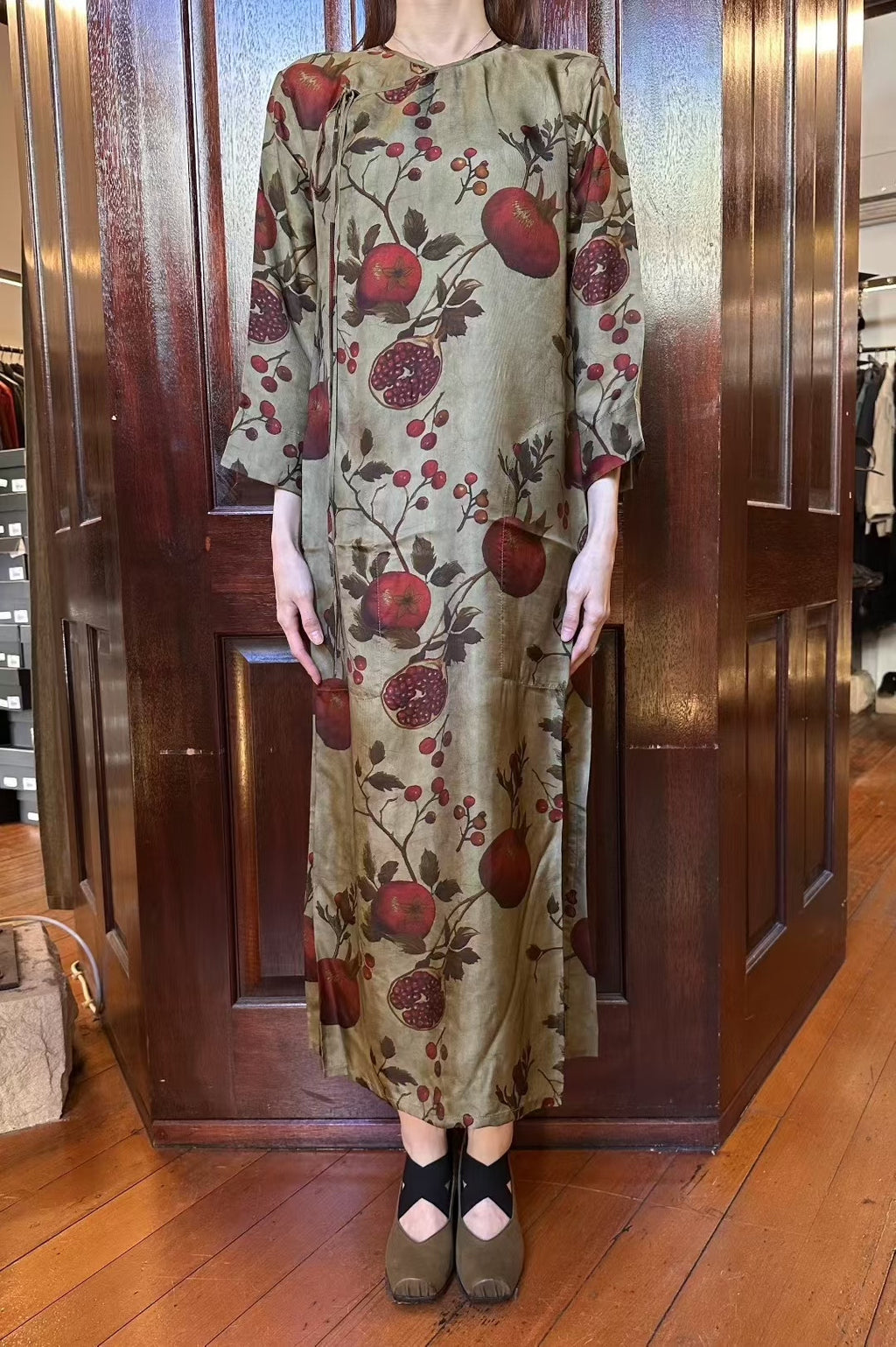 Uma Wang FW25 Pre Tan/Red/Green Agina Pomegranate Print Viscose/Cupro Dress