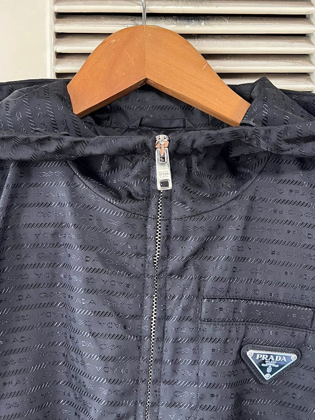 Prada Re-Nylon Black Hooded Triangle Logo Jacket
