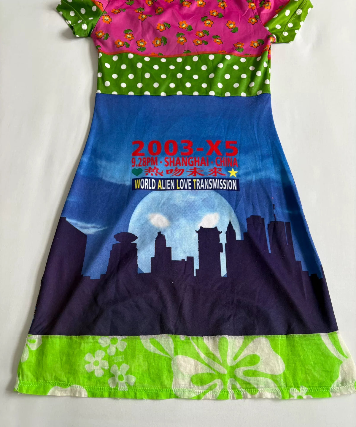 Walter van Beirendonck runway dress W&LT vintage 1997 runway piece city night view "Kiss the Future" print patchwork dress