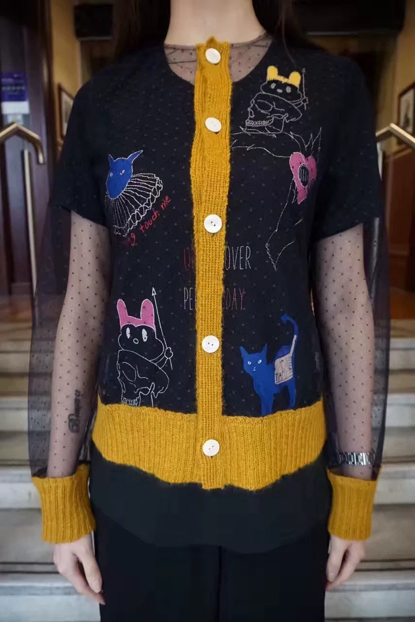 Undercover FW16 Navy Blue Tulle Patchwork Cat Embroidery Mohair Hooded Sweater