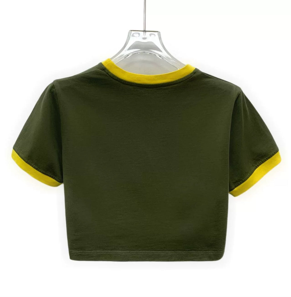 Miu Miu Olive Logo Letter Embroidered Cotton Crew Neck Short Sleeve Top