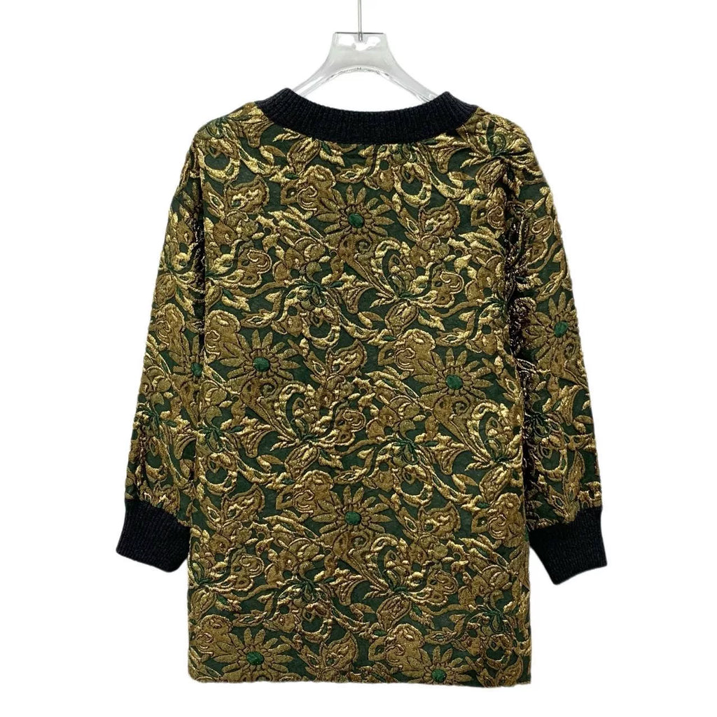 Dolce & Colorblock Floral Gold Thread Embroidered Crew Neck Knit Sweater