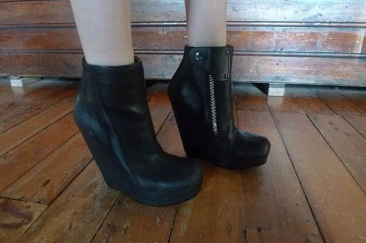 Rick Owens Black Reverse Leather Wedge Boots