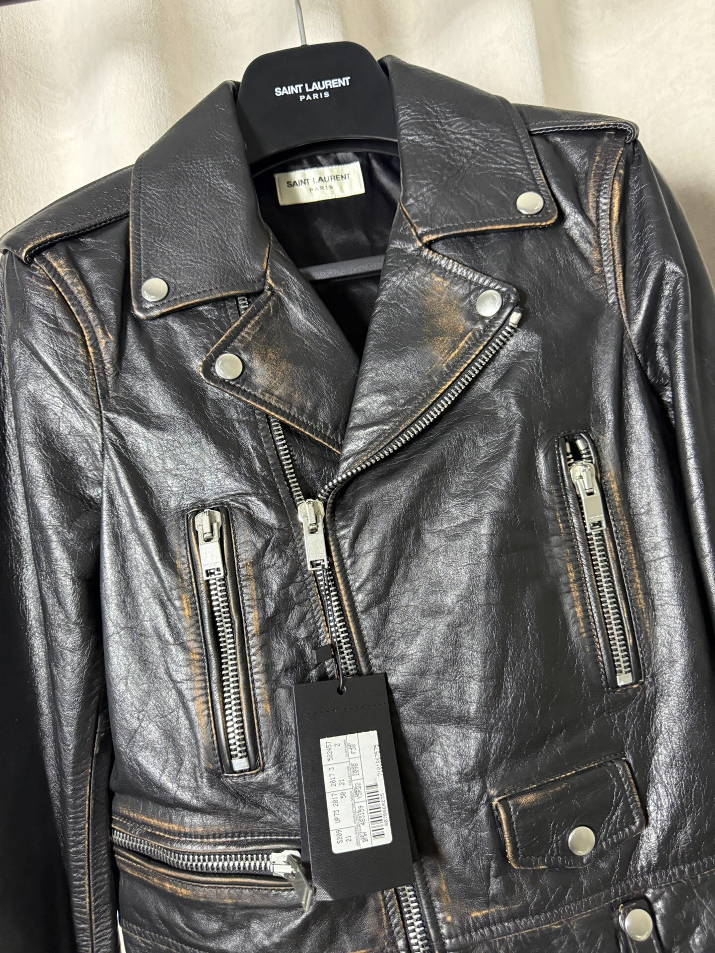 Saint Laurent 17FW LO1 Distressed Oil Wax Leather Biker Jacket by Anthony Vaccarello