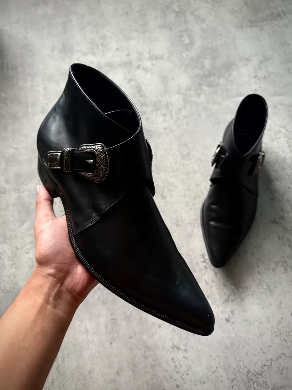 Saint Laurent Paris 14SS Black Leather Double Buckle Western Ankle Boots by Hedi Slimane
