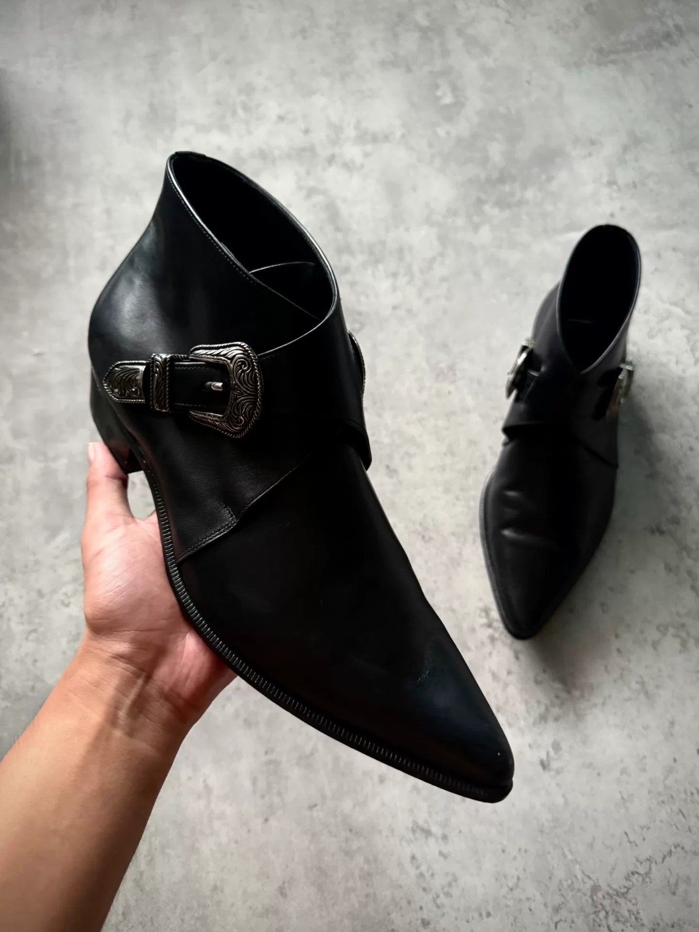Saint Laurent Paris 14SS Black Leather Double Buckle Western Ankle Boots by Hedi Slimane