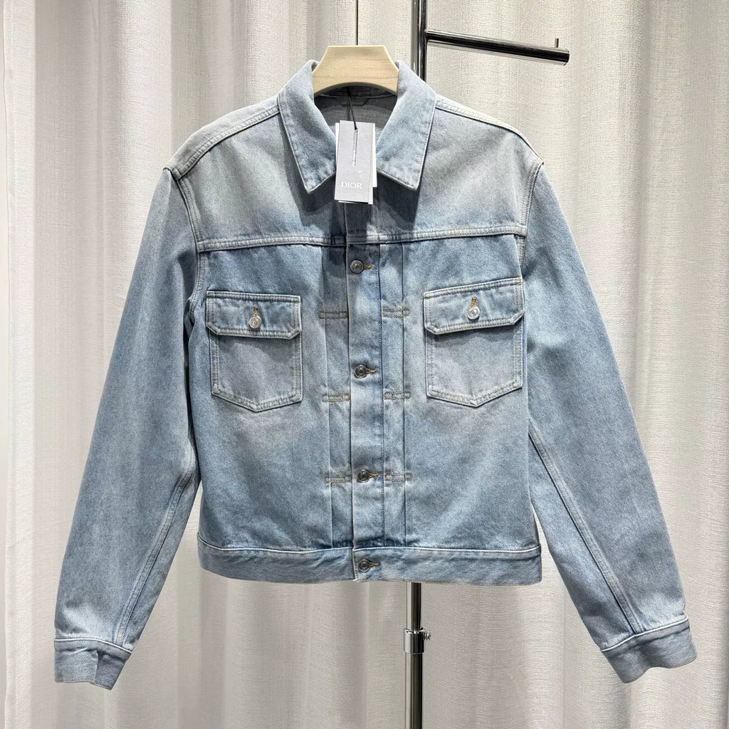 Dior Long Sleeve Denim Lapel Leather Patch Patch Button-Front Light Blue Jacket