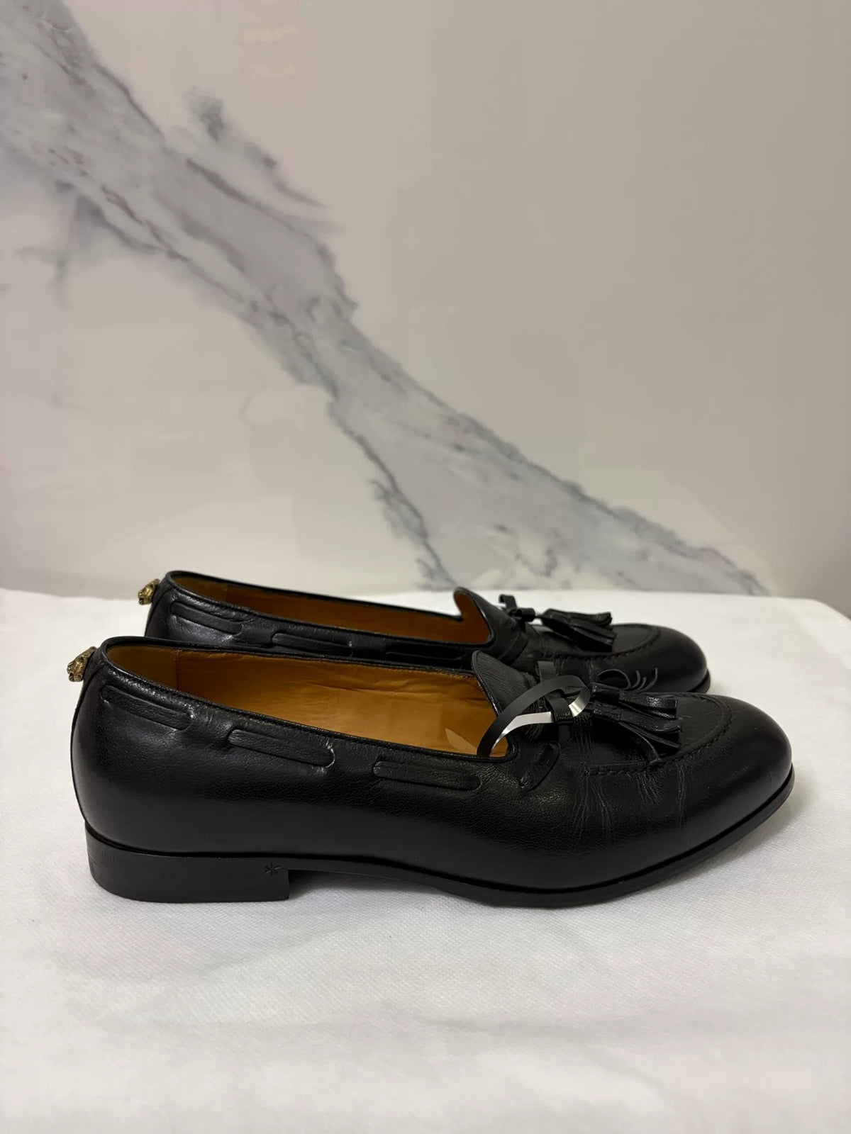 Gucci Black Fringe Leopard Head Metal Loafers