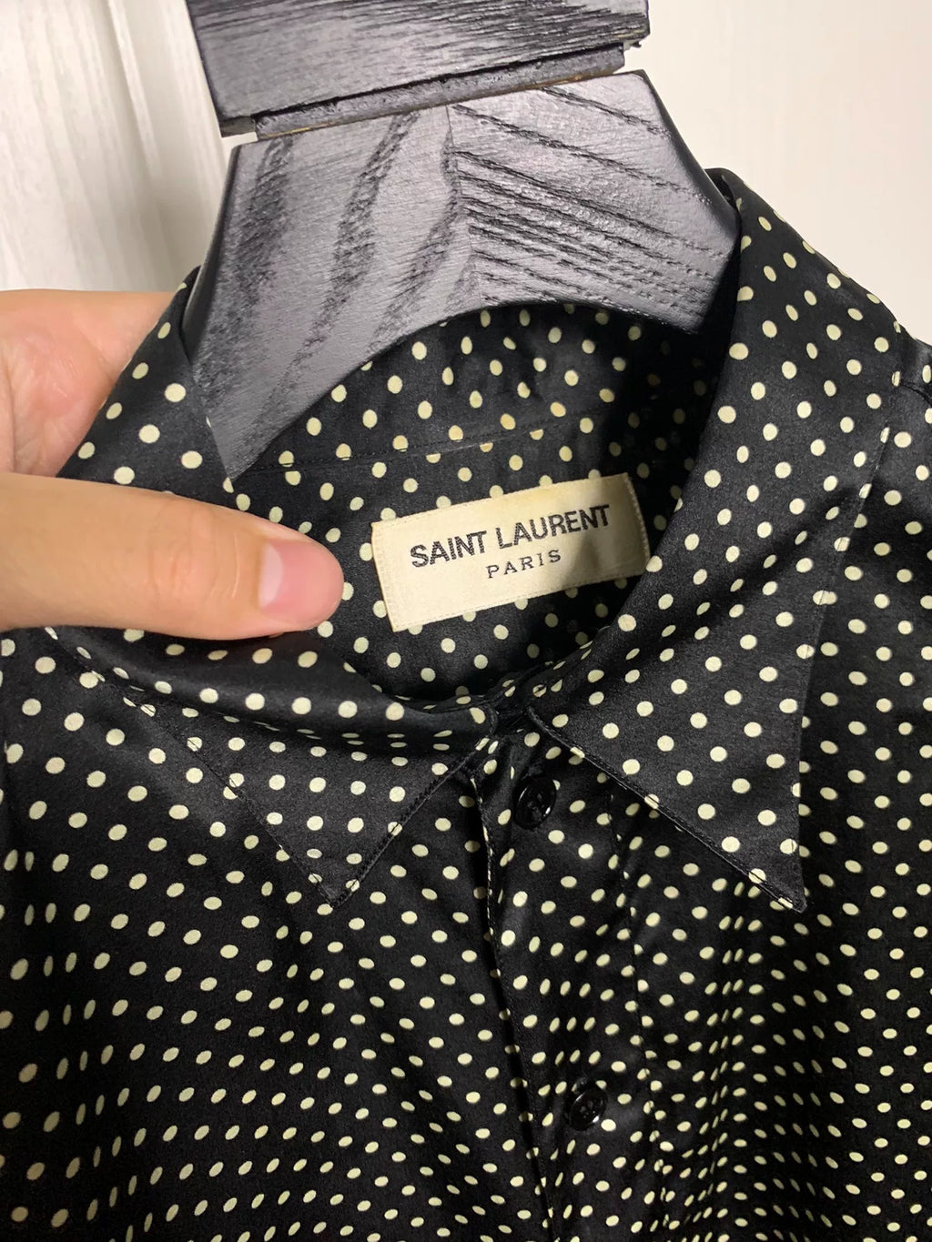 Saint Laurent 16FW Black White Silk Polka Dot Look Shirt