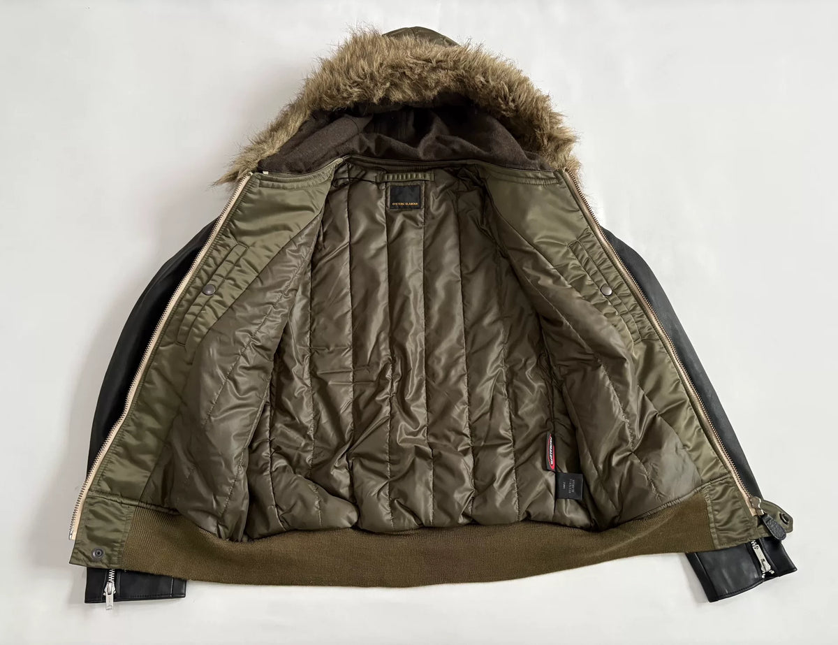 Hysteric Glamour N2B Fur-Collar Hooded Leather-Panel Bomber Jacket