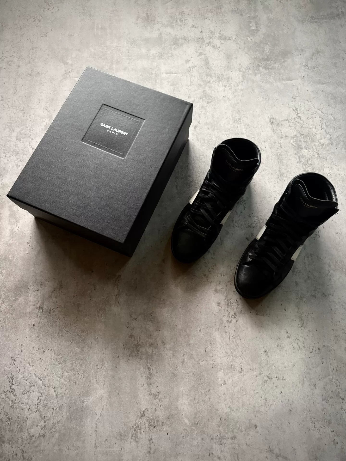 Saint Laurent Paris 13AW SL/02H Black White Patch Leather High Top Sneakers by Hedi Slimane