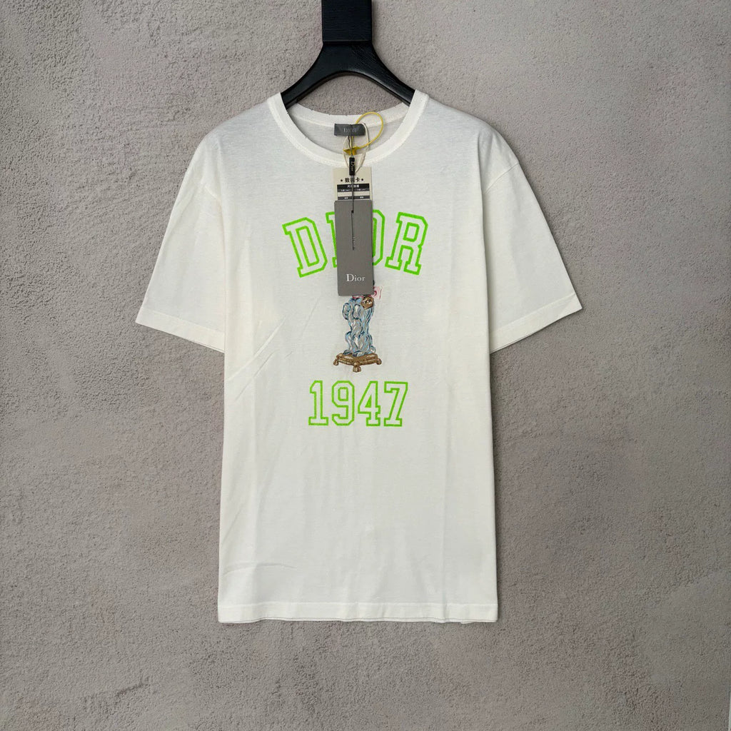 Dior White Letter LOGO Dog Embroidered Print Short Sleeve Top