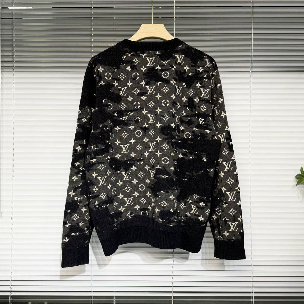Louis Vuitton Knit Distressed Wool Monogram All-Over Logo Print Navy Sweater