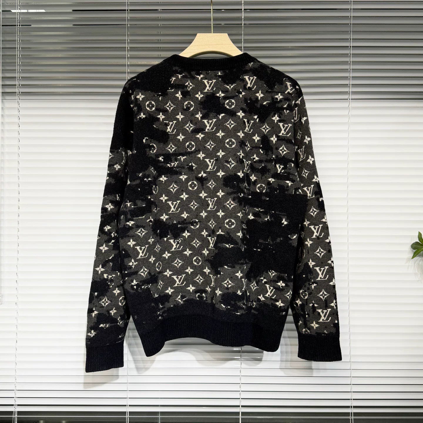 Louis Vuitton Knit Distressed Wool Monogram All-Over Logo Print Navy Sweater