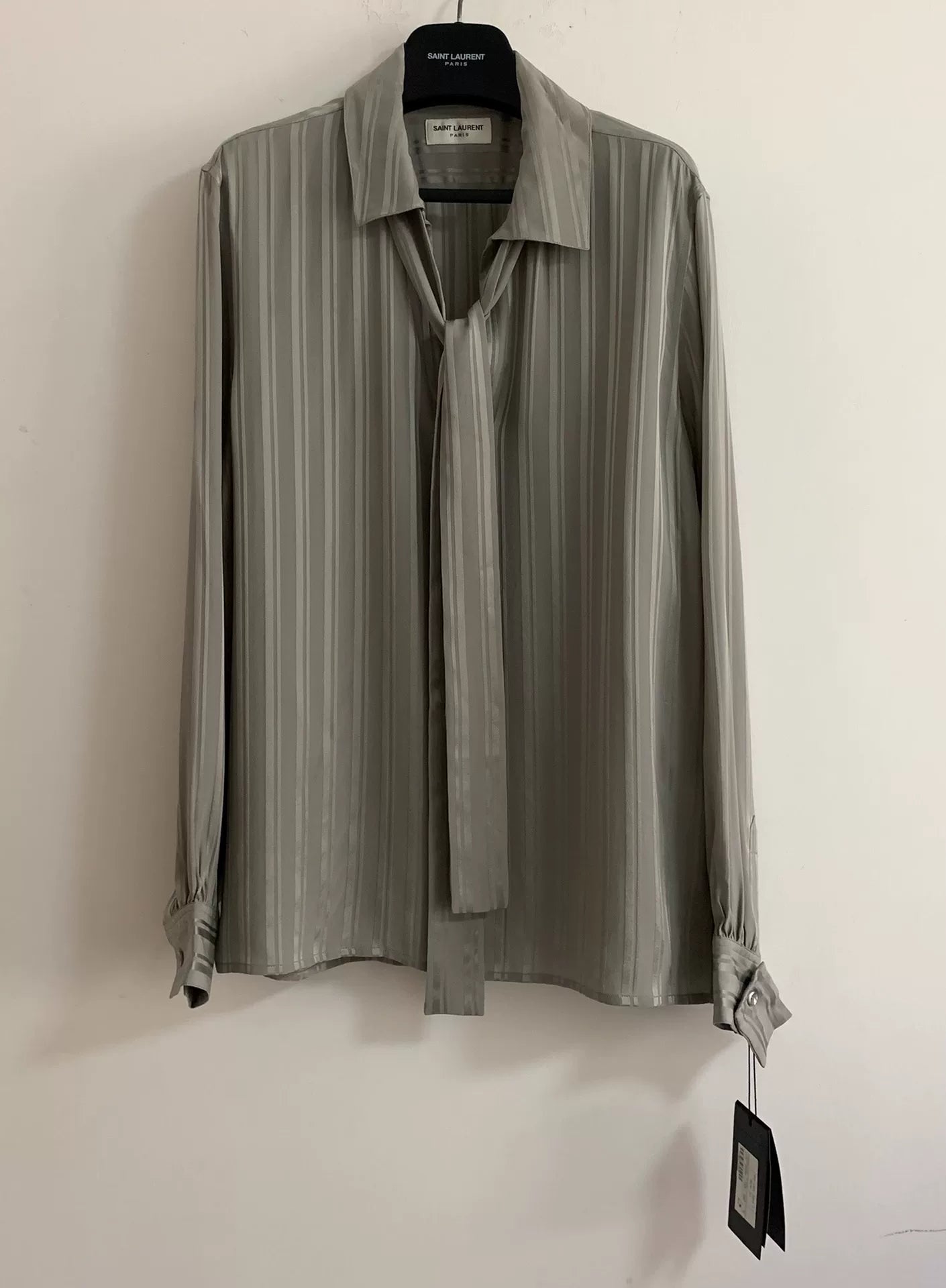 Saint Laurent 22FW Runway Silk Silver Striped Shirt