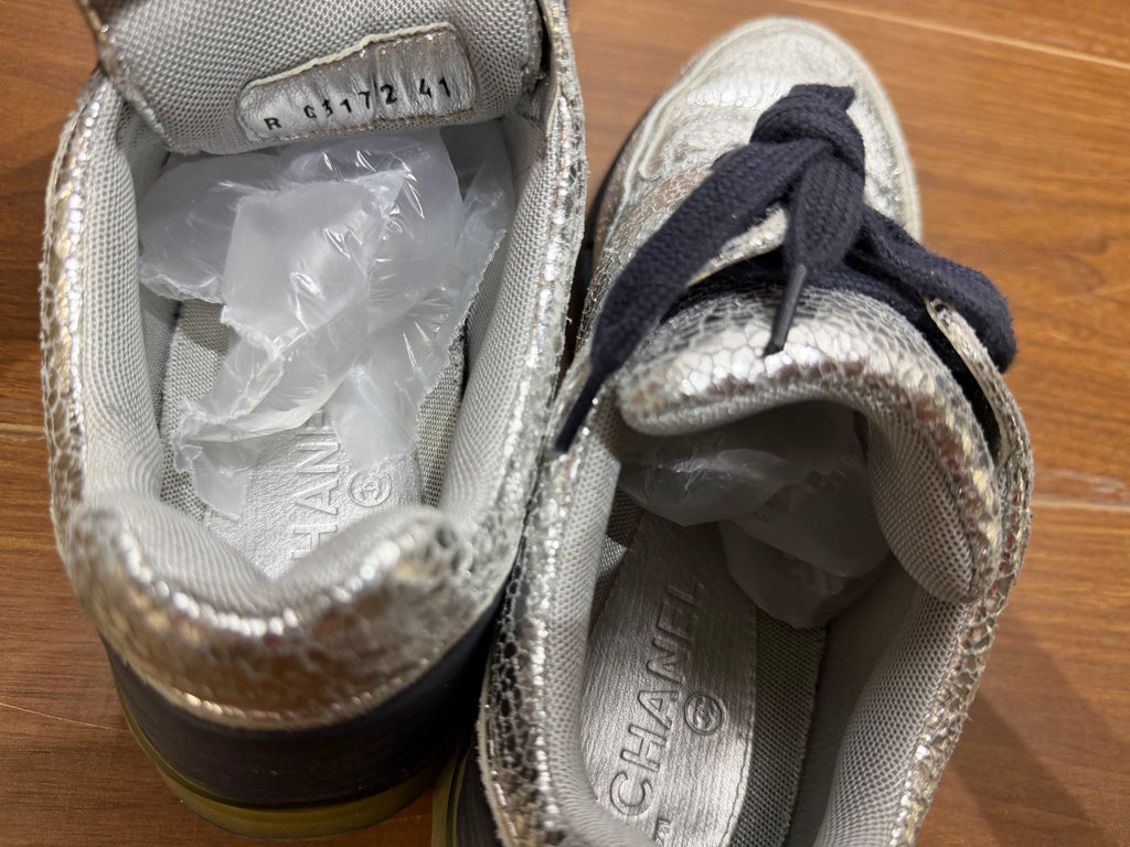 Chanel Silver Crinkle Leather Sneakers