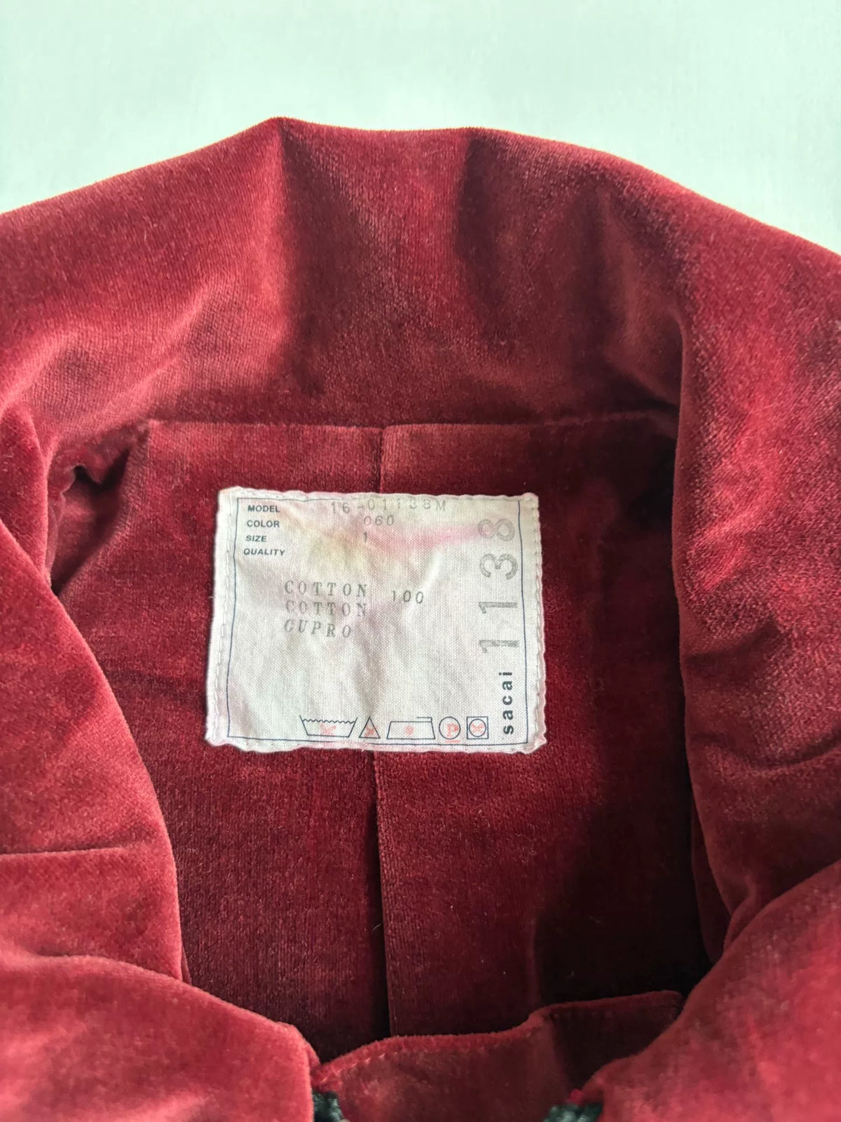 Sacai Vintage Zip Velvet Panel Denim Jacket