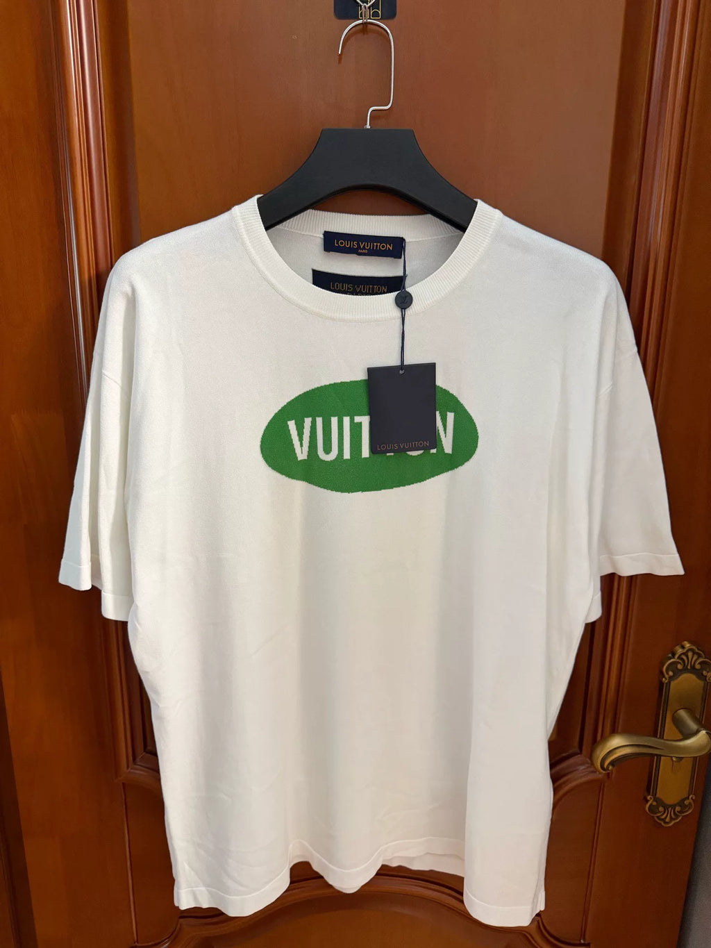Louis Vuitton White Green Letter Knit Short Sleeve Top