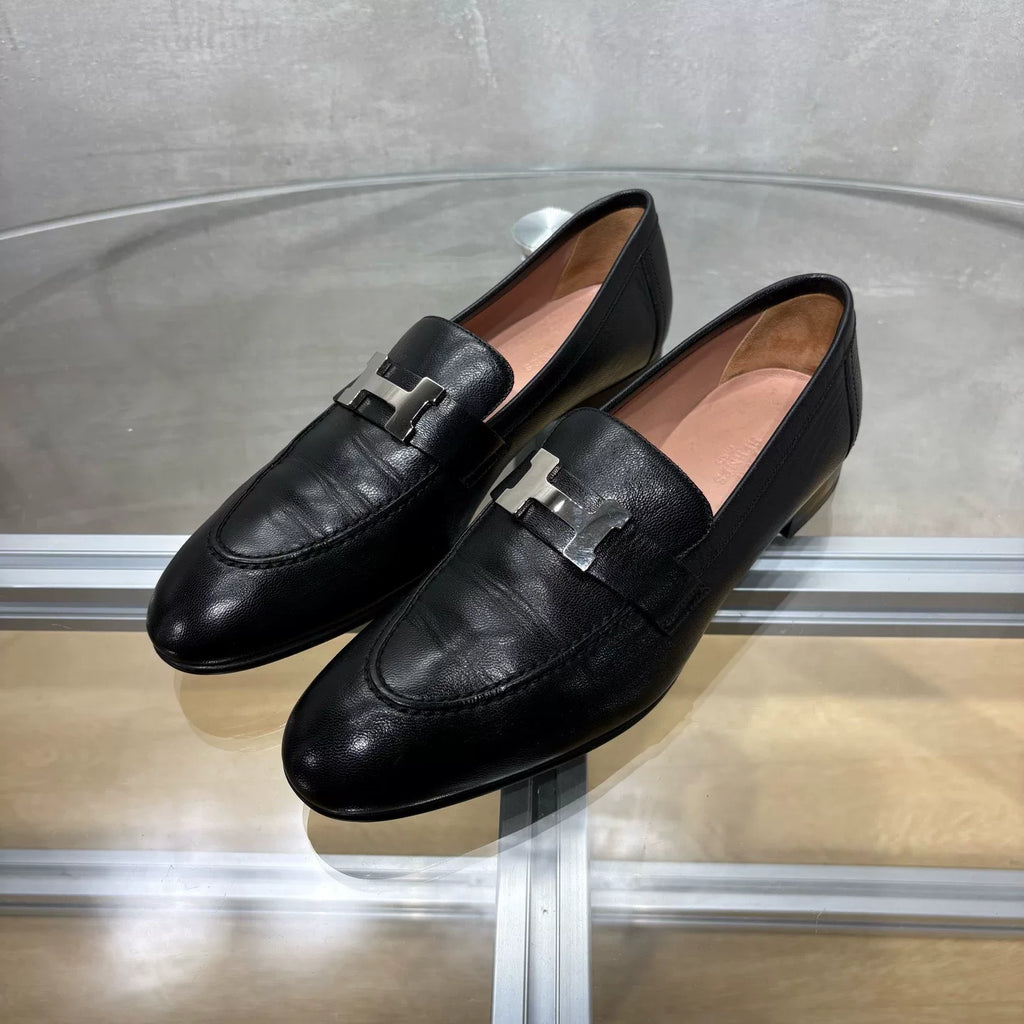 HERMES Black Silver Buckle Loafers