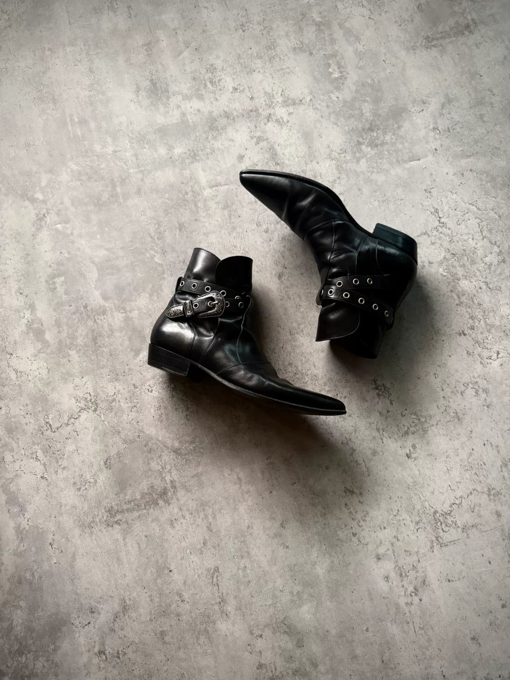 Saint Laurent Paris 14SS Black Leather Western Buckle Pointed Ankle Boots by Hedi Slimane
