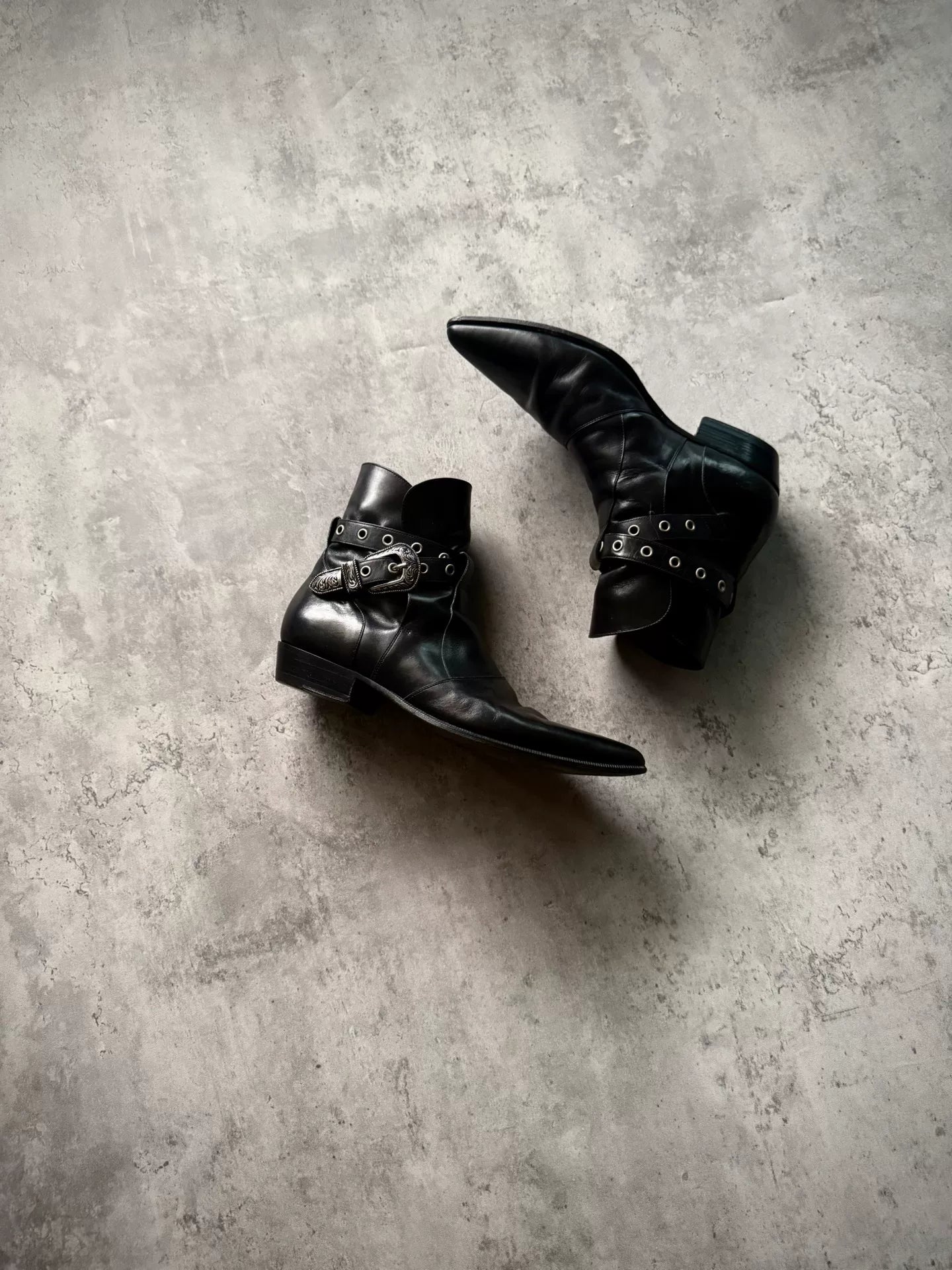 Saint Laurent Paris 14SS Black Leather Western Buckle Pointed Ankle Boots by Hedi Slimane