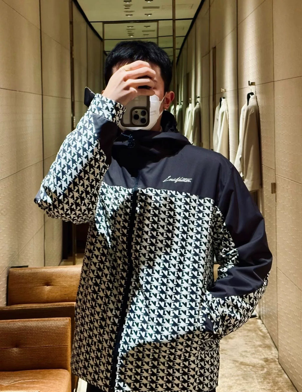 Louis Vuitton Black and White Houndstooth All-Over Logo Zip-Up Jacket