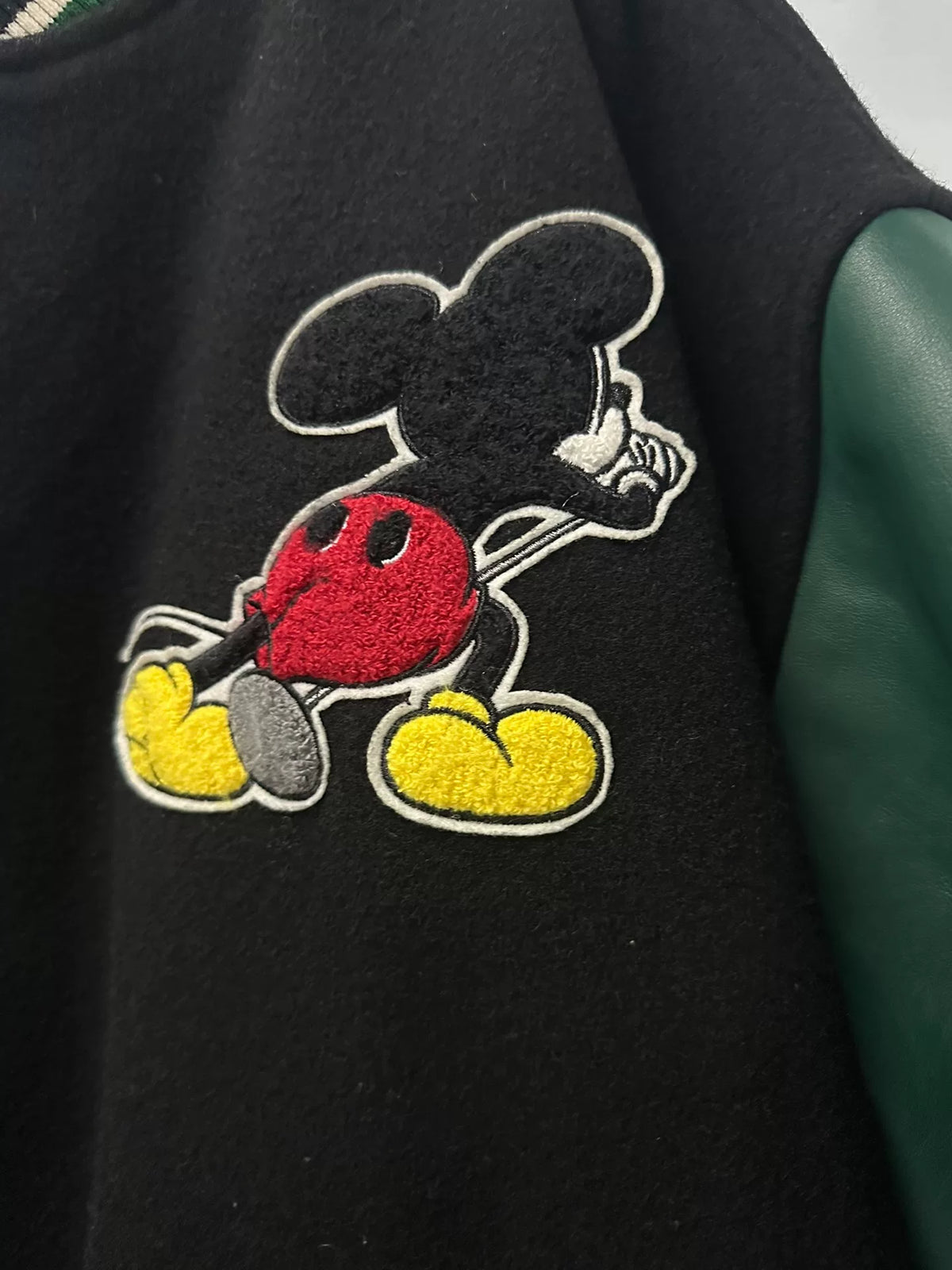 Number Nine Supreme 25FW Week 8 Mickey Mouse Leather-Sleeve Baseball Jacket
